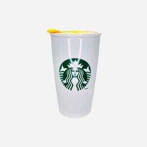 Starbucks 2011 Ceramic Travel Tumbler 12oz White Cup w/ Yellow Lid Siren Logo